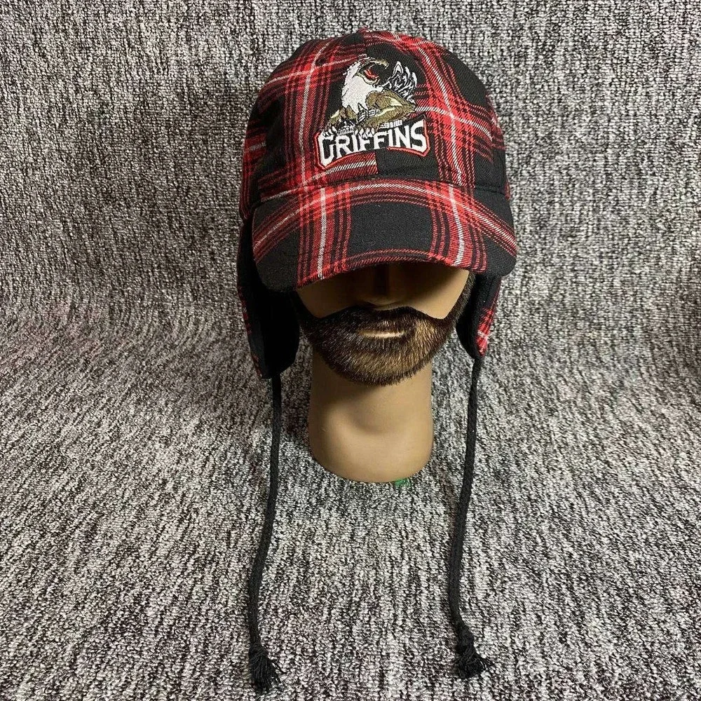 Grand Rapids Griffins Trapper Hat Kids OSFM Red Black Plaid Winter Ear Flaps Cap